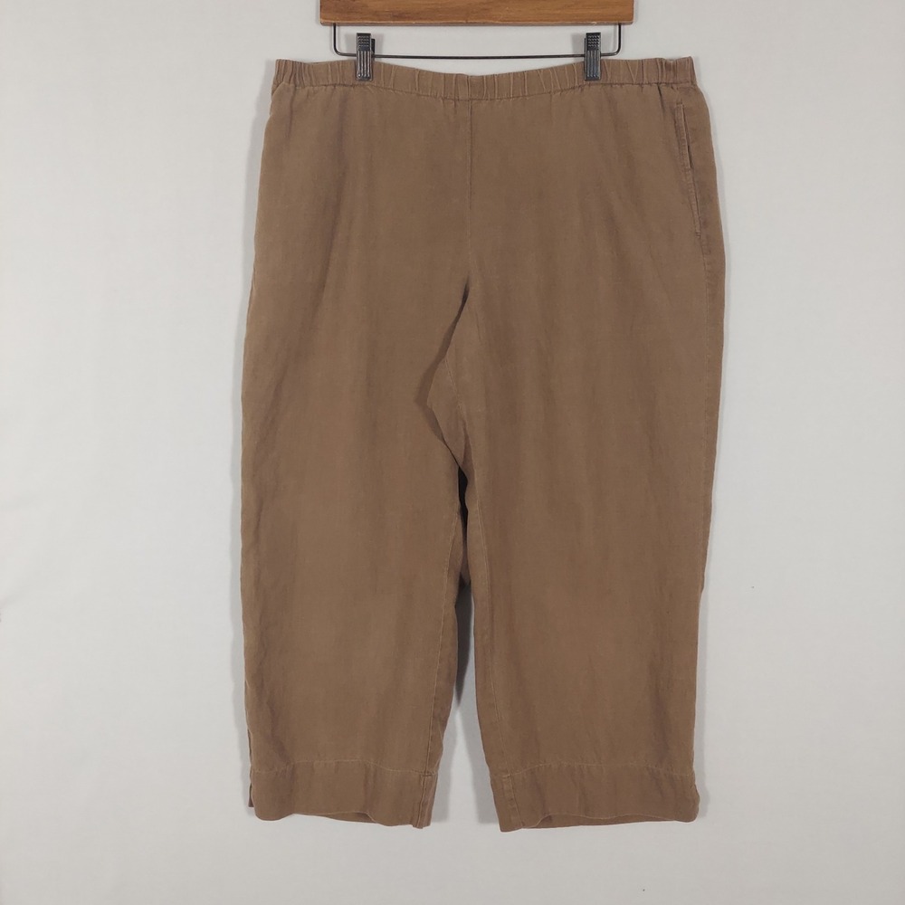 J.Jill Love Linen Pants L Brown Cropped Pull On Elastic Waist Pockets Side Slits